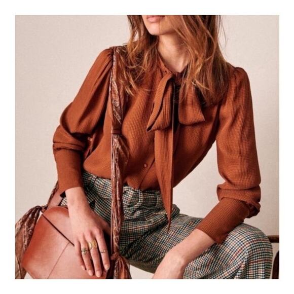 Sezane Tops - Sezane Laurya Long Sleeve Tie Neck Blouse Brown Size 38